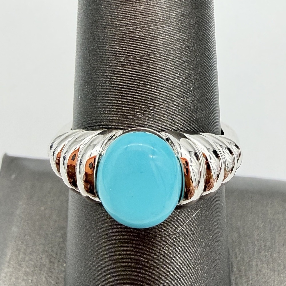Vtg QVC Affinity Turquoise 925 EA Sterling Silver Ring Modernist Ribbed Sz7